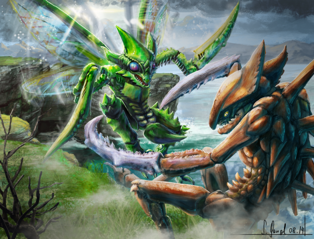 pokemon_fight___kabutops_vs_scyther_by_s